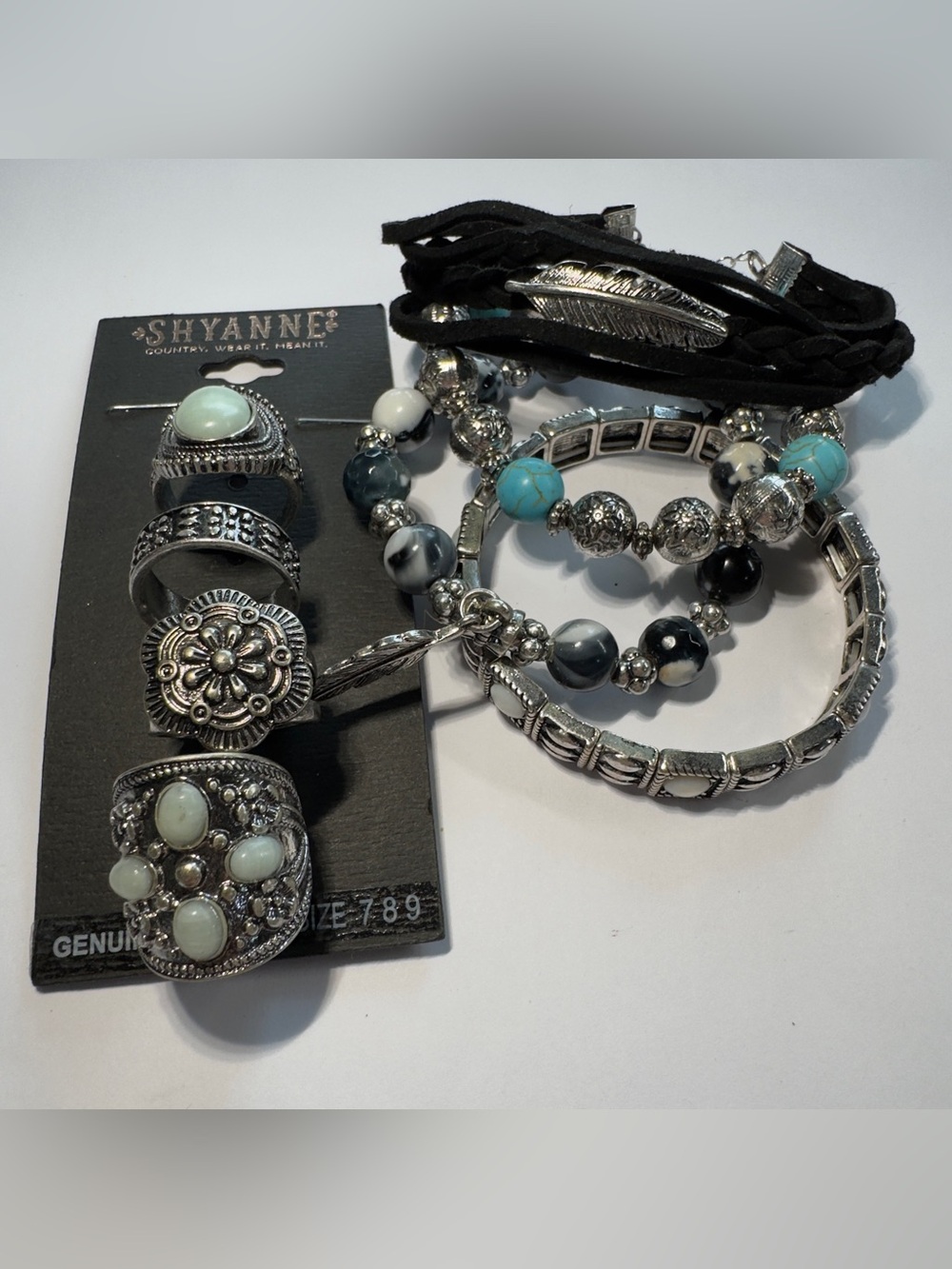Shyanne Silver-Tone Bracelet & Ring Stack with Turquoise and White Accent